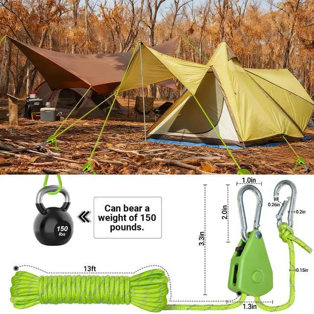 Alt view image 5 of 7 - Camping Ropes Guy Line - Tie Down Ropes with Ratchet System, Pulley & Reinforced Metal Gear - Heavy Duty Adjustable Guy Lines for Canopy Tent, Quick Setup Strap (1/6 In Dia x 13.12 Ft)-4 Pack - Green