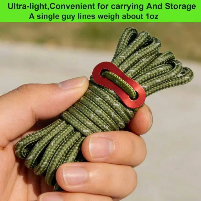 Alt view image 5 of 7 - 8 Pack 4mm Guy Lines, Total 104ft Ultralight Tent Cords with Aluminum Adjuster Tensioner, Tent Guy Lines for Tarps, Camping, Hiking(Olive Green,8 Packs)
