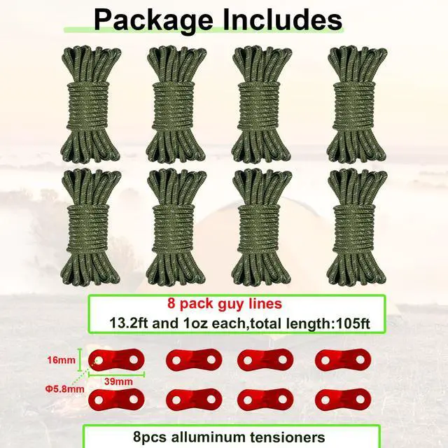 Alt view image 7 of 7 - 8 Pack 4mm Guy Lines, Total 104ft Ultralight Tent Cords with Aluminum Adjuster Tensioner, Tent Guy Lines for Tarps, Camping, Hiking(Olive Green,8 Packs)