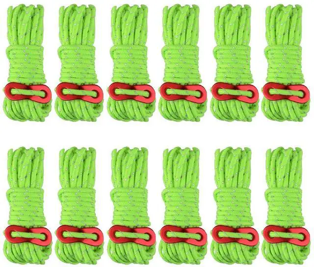Main image of Reflective Tent Guide Rope Lightweight Guy Line Cord with Aluminum Adjuster Tensioner for Camping Hiking Backpacking Essential Survival Gear 13 ft per piece (Fluorescent Green - 4mm - 12 Pack)
