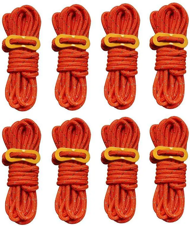 Main image of 8 Pack High-Reflective Guy Lines 4mm Tent Cords High-Strength Lightweight Camp Ropes with Aluminum Adjuster Tensioner for Tent, Tying Down Tarps, Camping, Outdoor Packaging (Orange)