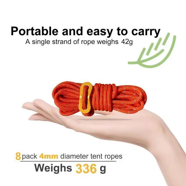 Alt view image 3 of 6 - 8 Pack High-Reflective Guy Lines 4mm Tent Cords High-Strength Lightweight Camp Ropes with Aluminum Adjuster Tensioner for Tent, Tying Down Tarps, Camping, Outdoor Packaging (Orange)