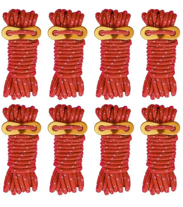 Main image of 8 Pack High-Reflective Guy Lines 4mm Tent Cords High-Strength Lightweight Camp Ropes with Aluminum Adjuster Tensioner for Tent, Tying Down Tarps, Camping, Outdoor Packaging (Red, 13ft)