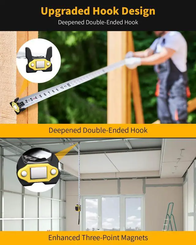 Alt view image 3 of 7 - Tape Measure 25 ft with 1/8 Fractions, Magnetic Measuring Tape Retractable | 1 Inch Wide Easy Read Both-Side Measurement Tape with Nylon Coating, Finger Brake for Construction Carpenter