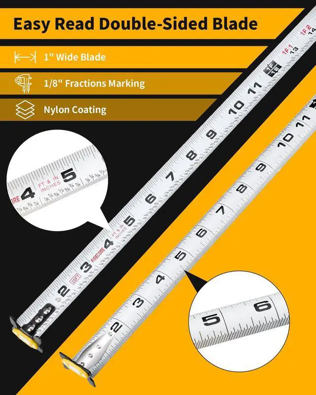 Alt view image 4 of 7 - Tape Measure 25 ft with 1/8 Fractions, Magnetic Measuring Tape Retractable | 1 Inch Wide Easy Read Both-Side Measurement Tape with Nylon Coating, Finger Brake for Construction Carpenter
