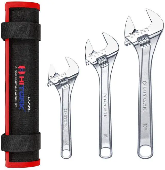 Main image of 3-Piece Adjustable Wrench Set 6-Inch, 8-Inch, 10-Inch, Chrome-Plated Cr-V Steel, Wide Opening Jaws, Laser Etched SAE & Metric Scale, Polished Head, Smooth Knurl, Roll Pouch Included
