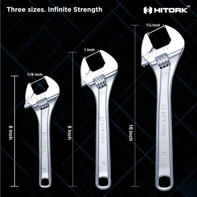 Alt view image 2 of 7 - 3-Piece Adjustable Wrench Set 6-Inch, 8-Inch, 10-Inch, Chrome-Plated Cr-V Steel, Wide Opening Jaws, Laser Etched SAE & Metric Scale, Polished Head, Smooth Knurl, Roll Pouch Included