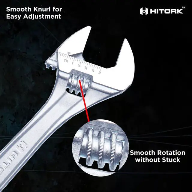 Alt view image 6 of 7 - 3-Piece Adjustable Wrench Set 6-Inch, 8-Inch, 10-Inch, Chrome-Plated Cr-V Steel, Wide Opening Jaws, Laser Etched SAE & Metric Scale, Polished Head, Smooth Knurl, Roll Pouch Included