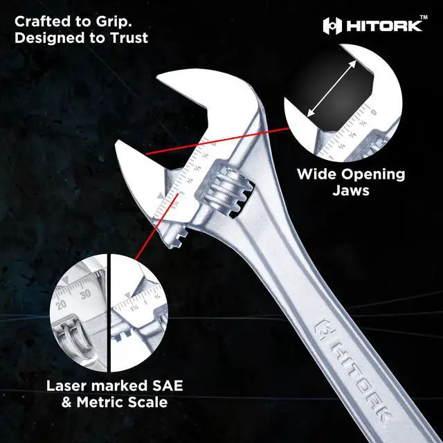 Alt view image 7 of 7 - 3-Piece Adjustable Wrench Set 6-Inch, 8-Inch, 10-Inch, Chrome-Plated Cr-V Steel, Wide Opening Jaws, Laser Etched SAE & Metric Scale, Polished Head, Smooth Knurl, Roll Pouch Included