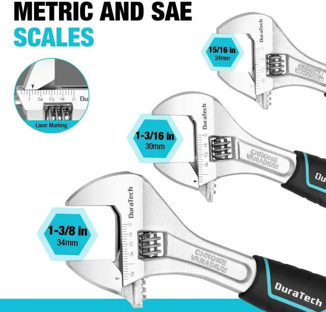 Alt view image 5 of 7 - 3 PCS Adjustable Wrench Set, 6", 8" & 10" Wide Jaw Wrenches | Cr-V Steel Wrenches, Metric & SAE Scales for Home, Garage and Workshop Use