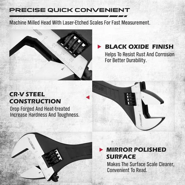 Alt view image 4 of 7 - 6-Inch Adjustable Wrench, Black Oxide Finish Wide Jaw Spanner with Inch/Metric Scale, Premium Drop Forged Steel for Automotive Plumbing and Household Repairs