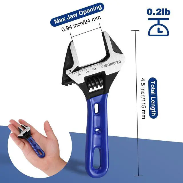 Alt view image 3 of 7 - 4-Inch Stubby Adjustable Wrench, 0.94-Inch Extra Wide Jaw Opening | Metric/SAE Scales, Cr-V Steel, Ideal for Confined Spaces