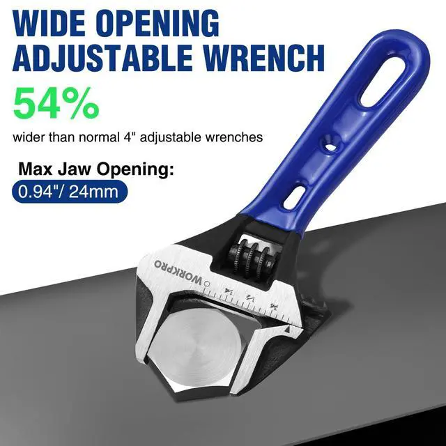 Alt view image 2 of 7 - 4-Inch Stubby Adjustable Wrench, 0.94-Inch Extra Wide Jaw Opening | Metric/SAE Scales, Cr-V Steel, Ideal for Confined Spaces