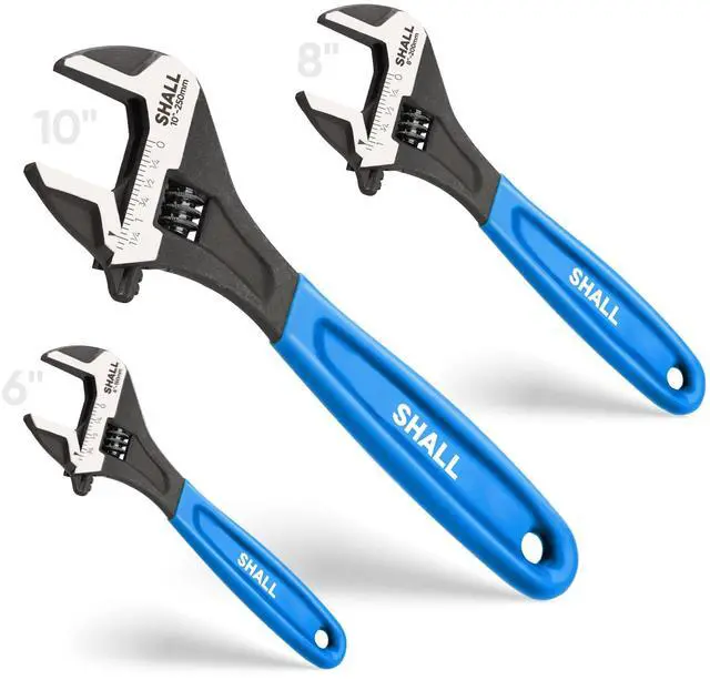 Main image of 3-Piece Adjustable Wrench Set, 10/8/6 Inch Cr-V Steel Wrench with Cushion Grip, Wide Jaw Black Oxide Wrench with Laser-etched SAE Scales for Home, Garage, Workshop and DIY, Dark Blue