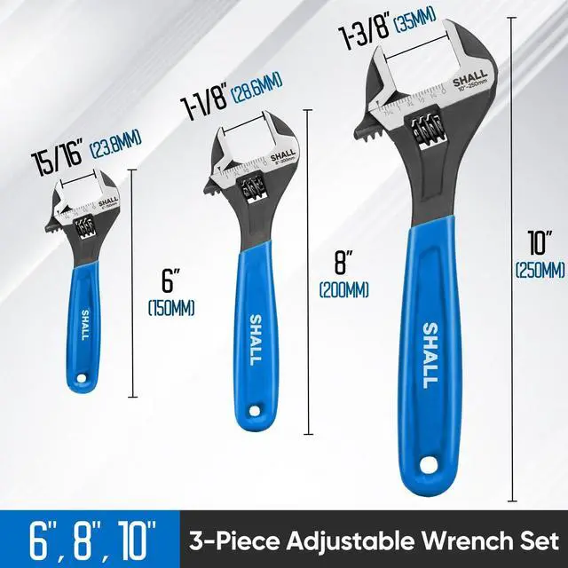 Alt view image 2 of 7 - 3-Piece Adjustable Wrench Set, 10/8/6 Inch Cr-V Steel Wrench with Cushion Grip, Wide Jaw Black Oxide Wrench with Laser-etched SAE Scales for Home, Garage, Workshop and DIY, Dark Blue