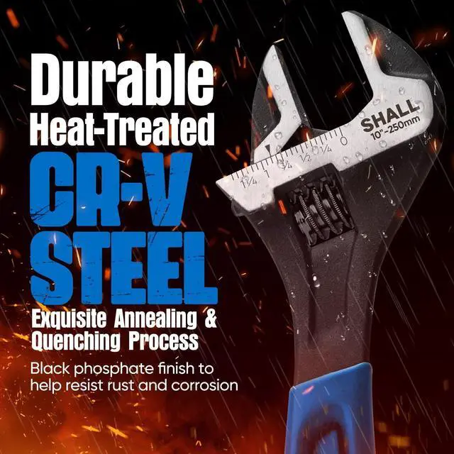 Alt view image 3 of 7 - 3-Piece Adjustable Wrench Set, 10/8/6 Inch Cr-V Steel Wrench with Cushion Grip, Wide Jaw Black Oxide Wrench with Laser-etched SAE Scales for Home, Garage, Workshop and DIY, Dark Blue