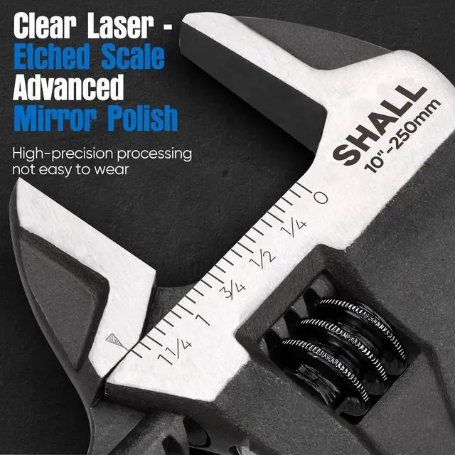 Alt view image 4 of 7 - 3-Piece Adjustable Wrench Set, 10/8/6 Inch Cr-V Steel Wrench with Cushion Grip, Wide Jaw Black Oxide Wrench with Laser-etched SAE Scales for Home, Garage, Workshop and DIY, Dark Blue