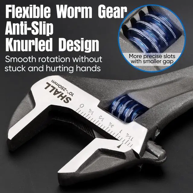 Alt view image 5 of 7 - 3-Piece Adjustable Wrench Set, 10/8/6 Inch Cr-V Steel Wrench with Cushion Grip, Wide Jaw Black Oxide Wrench with Laser-etched SAE Scales for Home, Garage, Workshop and DIY, Dark Blue