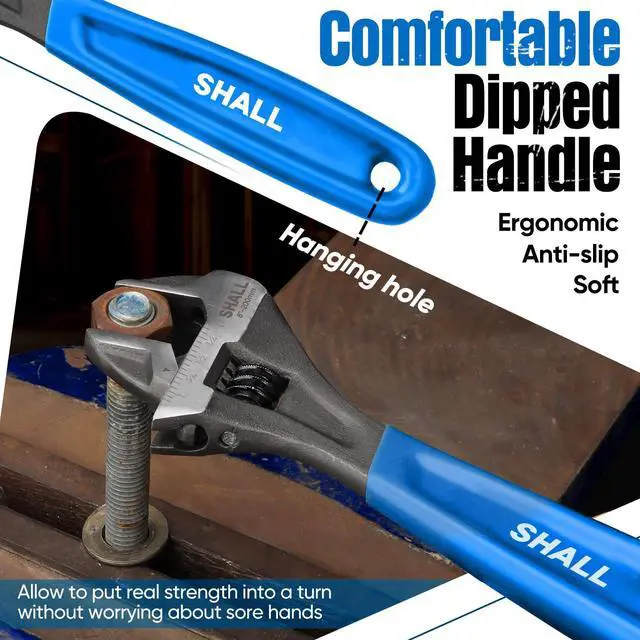 Alt view image 6 of 7 - 3-Piece Adjustable Wrench Set, 10/8/6 Inch Cr-V Steel Wrench with Cushion Grip, Wide Jaw Black Oxide Wrench with Laser-etched SAE Scales for Home, Garage, Workshop and DIY, Dark Blue