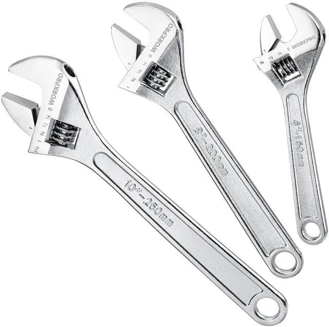 Main image of 3-Piece Adjustable Wrench Set, 6"-10", Forged Steel, Chrome Plated | SAE & Metric Scales, Heat-Treated Construction, Precision Jaw, Smooth Adjustment for DIY, Auto Repair and Plumbing