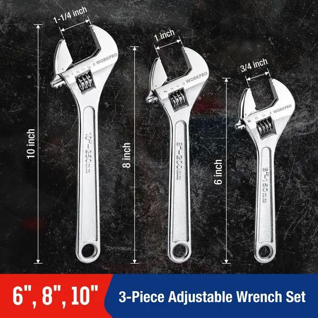 Alt view image 2 of 6 - 3-Piece Adjustable Wrench Set, 6"-10", Forged Steel, Chrome Plated | SAE & Metric Scales, Heat-Treated Construction, Precision Jaw, Smooth Adjustment for DIY, Auto Repair and Plumbing