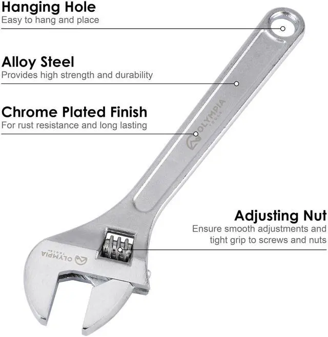 Alt view image 3 of 7 - 10" Adjustable Wrench, Heavy Duty Drop Forged Steel, Chrome Plated, Precision Machined Jaws, Rust Resistant