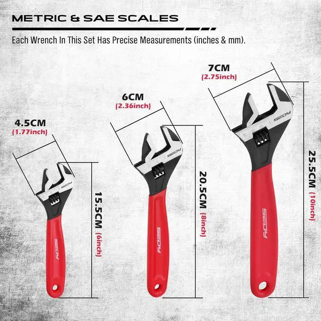 Alt view image 2 of 7 - Adjustable Wrench Set Pipe Spanner: 6" 8" 10" Wide Jaw Black Oxide Wrench With Cushion Grip, Laser Marked Metric & SAE Scales, CR-V Steel for Professional