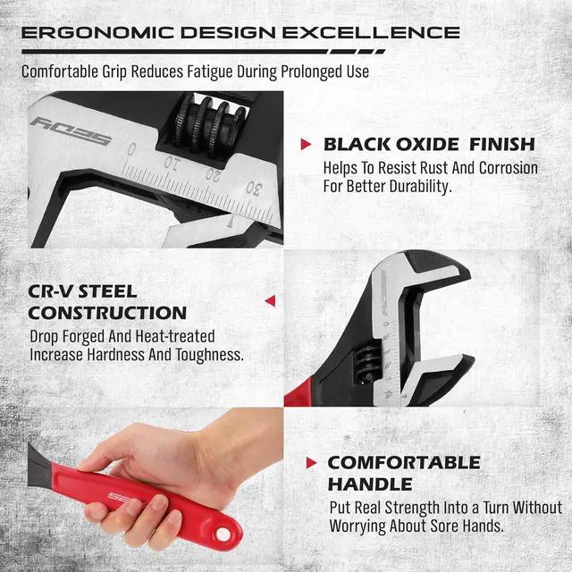 Alt view image 5 of 7 - Adjustable Wrench Set Pipe Spanner: 6" 8" 10" Wide Jaw Black Oxide Wrench With Cushion Grip, Laser Marked Metric & SAE Scales, CR-V Steel for Professional