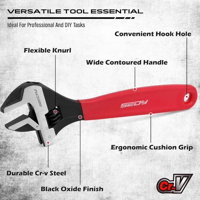 Alt view image 4 of 7 - Adjustable Wrench Set Pipe Spanner: 6" 8" 10" Wide Jaw Black Oxide Wrench With Cushion Grip, Laser Marked Metric & SAE Scales, CR-V Steel for Professional