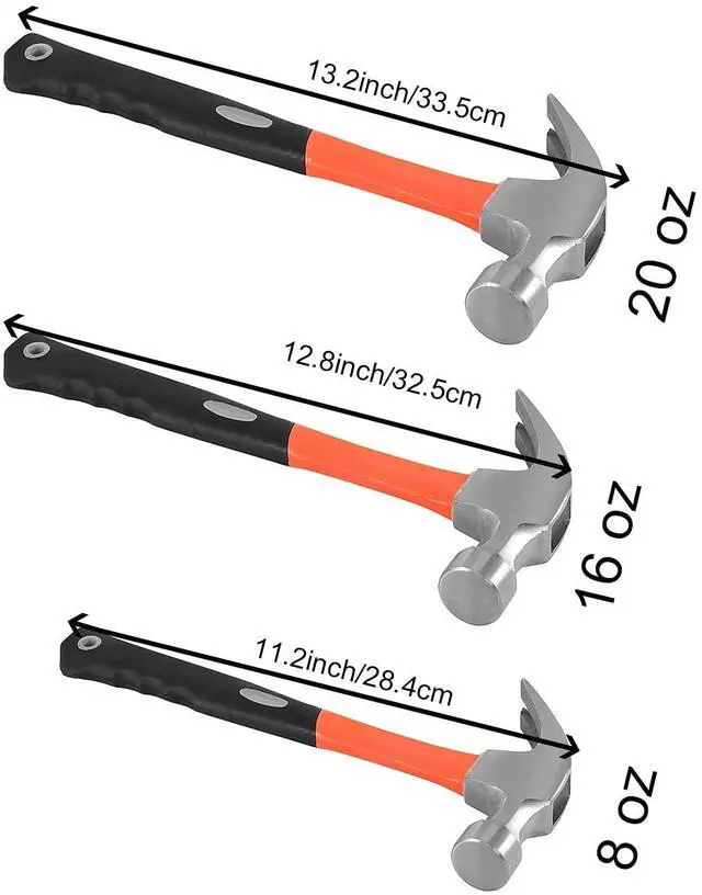 Alt view image 2 of 7 - 3 Pieces Claw Hammers, 20 oz 16 oz 8 oz Hammer Set with Fiberglass Handle & Polished Forged Steel Head for Household Repair