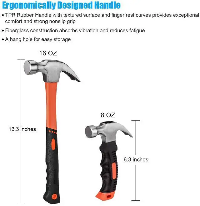 Alt view image 5 of 6 - 2 Piece Hammer Set,Soft Nonslip Handle & Heat Treated Head | Includes 1 Pack 8OZ Mini Stubby Claw Hammer & 1 Pack 16OZ Fiberglass General Purpose Claw Hammer,for House Repairs
