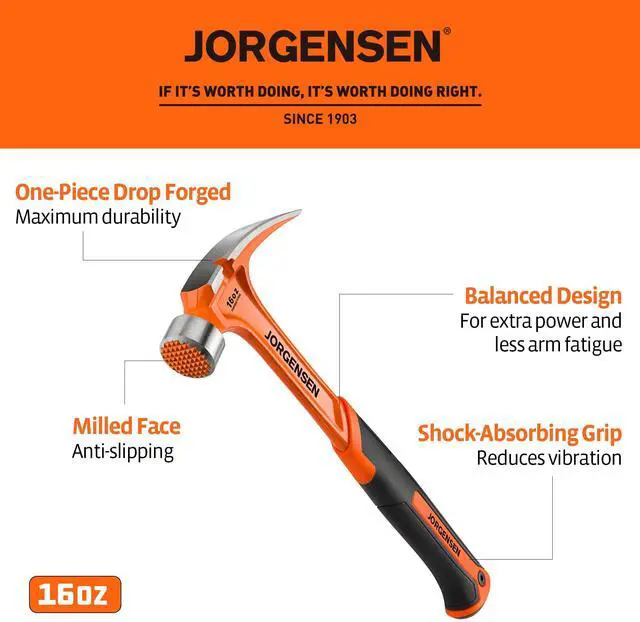 Alt view image 3 of 7 - 16 oz One-piece Forged Rip Claw Hammer with Magnetic Nail Holder | Magnetic Nail Holder, Rip Claw Hammer, Milled Face, Side Nail Puller, Shock Absorbing Grip, Heavy Duty One-piece, Forged