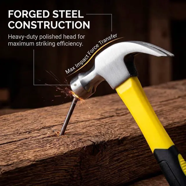 Alt view image 2 of 7 - 3 Piece Claw Hammer Set (20oz, 16oz, 8oz) Forged Steel Head with Shock-Absorbing Fiberglass Handle & Non-Slip Grip Essential Hand Tools for Framing, Carpentry Repair