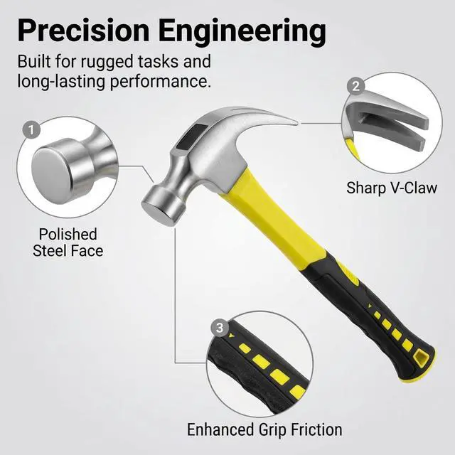 Alt view image 4 of 7 - 3 Piece Claw Hammer Set (20oz, 16oz, 8oz) Forged Steel Head with Shock-Absorbing Fiberglass Handle & Non-Slip Grip Essential Hand Tools for Framing, Carpentry Repair