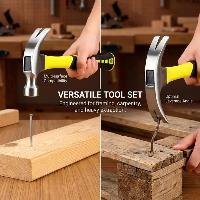 Alt view image 3 of 7 - 3 Piece Claw Hammer Set (20oz, 16oz, 8oz) Forged Steel Head with Shock-Absorbing Fiberglass Handle & Non-Slip Grip Essential Hand Tools for Framing, Carpentry Repair