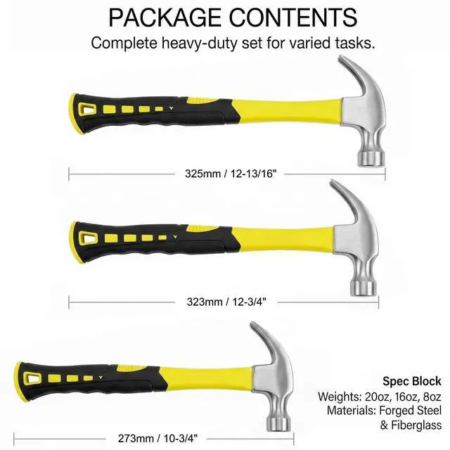 Alt view image 6 of 7 - 3 Piece Claw Hammer Set (20oz, 16oz, 8oz) Forged Steel Head with Shock-Absorbing Fiberglass Handle & Non-Slip Grip Essential Hand Tools for Framing, Carpentry Repair