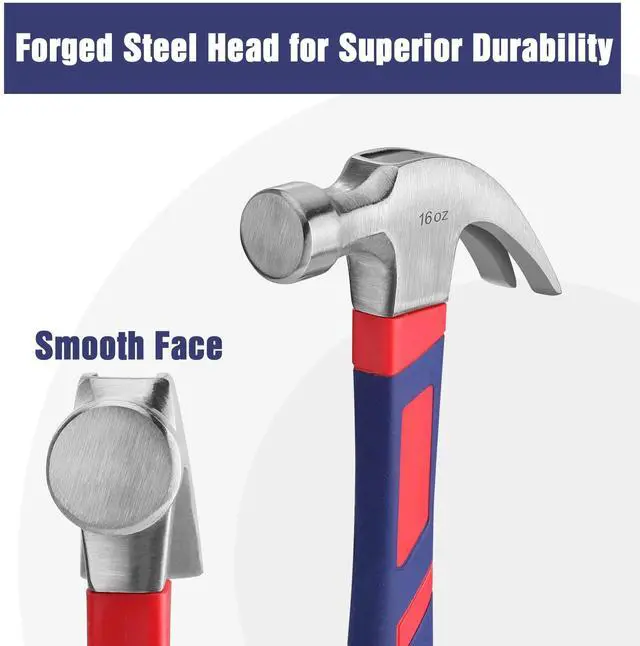 Alt view image 3 of 7 - 16 oz Claw Hammer, Forged Steel Head, Fiberglass Handle | Forged Hardened Steel Head with Smooth Face, Fiberglass Handle with Non-Slip Grip & Shock Absorption, All Purpose Hammer