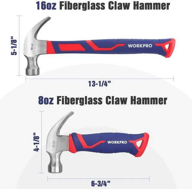 Alt view image 2 of 7 - 2-Piece Claw Hammer Set, 8oz Small Hammer & 16oz Hammer, Fiberglass | Forged Hardened Steel Head with Smooth Face, Fiberglass Handle with Non-Slip Grip & Shock Absorption, All Purpose Hammer