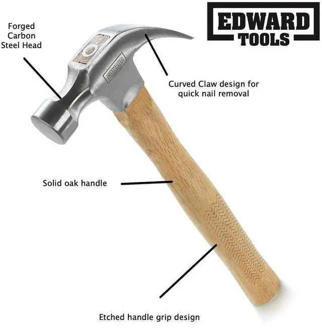 Alt view image 2 of 2 - 16 oz. Oak Claw Hammer - Heavy Duty All Purpose Hammer - Forged Carbon Steel Head - Etched Solid Oak Wood Handle for More Durability and Grip