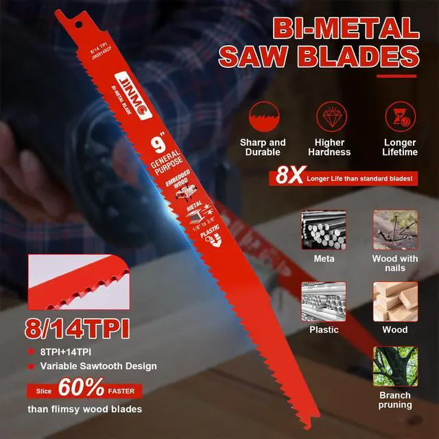Alt view image 2 of 6 - 10 Pack 9 Inch 8/14TPI Reciprocating Saw Blades for Diablo Sawzall Blades | for Wood and Nail-Embedded Wood Demolition, Metal Cutting 1/8-3/8 Medium Metals, General Purpose Cuts, Variable Tooth Design