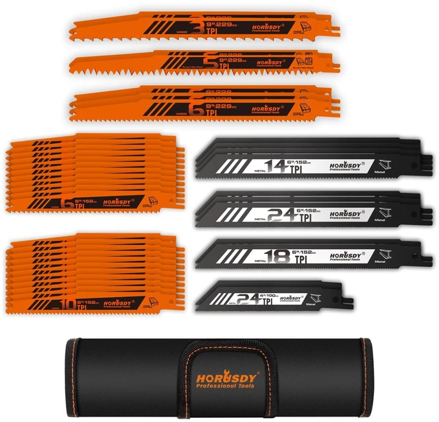 Main image of 40-Piece Reciprocating Saw Blade Set for Wood & Metal | Includes Pruning, Wet Wood, PVC and Metal Cutting Blades (3-24TPI) | with Storage Pouch for Easy Organization