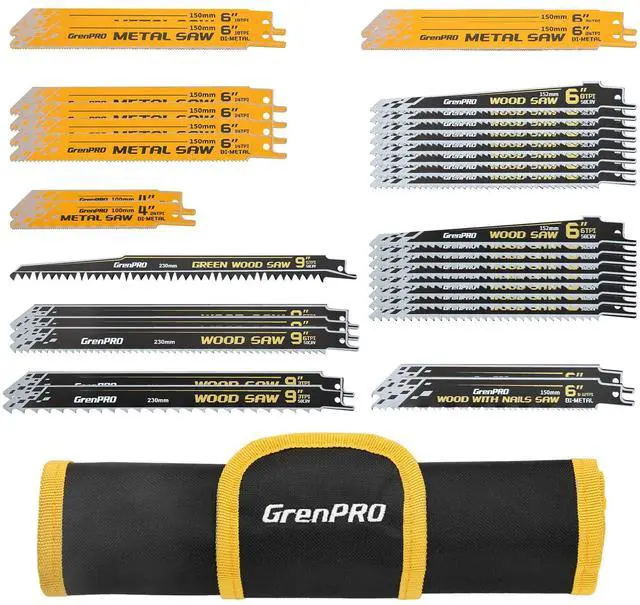 Main image of 34Pcs Reciprocating Saw Blade Set with Organizer Pouch | Includes Two 6-12 TPI Blades for Wood With Nails, Plus Wood, Metal and Pruning Blades; Fits Most Reciprocating Saws