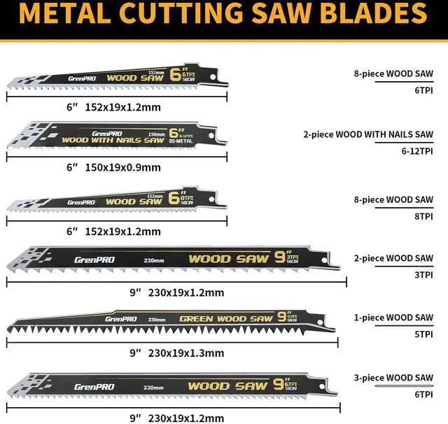 Alt view image 3 of 7 - 34Pcs Reciprocating Saw Blade Set with Organizer Pouch | Includes Two 6-12 TPI Blades for Wood With Nails, Plus Wood, Metal and Pruning Blades; Fits Most Reciprocating Saws