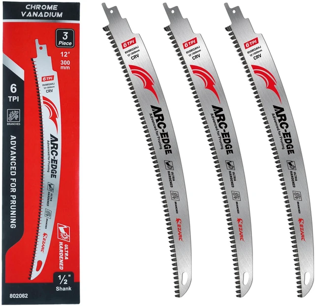 Main image of Arc Edge Reciprocating Saw Blades, 12-Inch 6TPI for Pruning, 3-Pack Arc Edge Design, Chrome Vanadium Steel, Fleam Ground Teeth, Deep Gullets, Up to 3x Life, for Tree Trimming, Branches