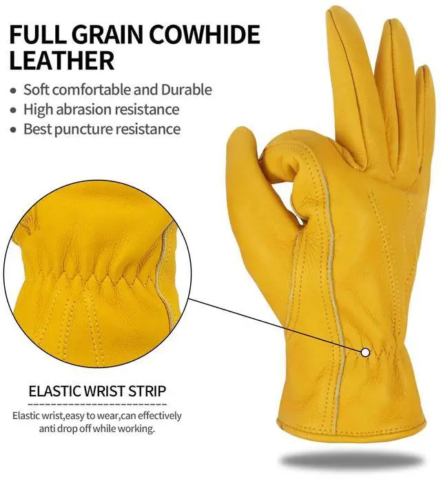 Alt view image 3 of 6 - Leather Work Gloves for Men & Women, Gardening Gloves, Reinforced Durable Cowhide Work Gloves, Puncture & Cut Resistant (Medium)