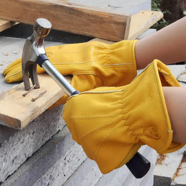 Alt view image 5 of 6 - Leather Work Gloves for Men & Women, Gardening Gloves, Reinforced Durable Cowhide Work Gloves, Puncture & Cut Resistant (Medium)