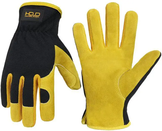 Main image of Leather Gardening Gloves, Leather Work Gloves, Yellow, L | Durable Utility Men Women Garden Yard Working Glove, for Landscaping, Mechanic, Construction, Driving, Farming, Ranching