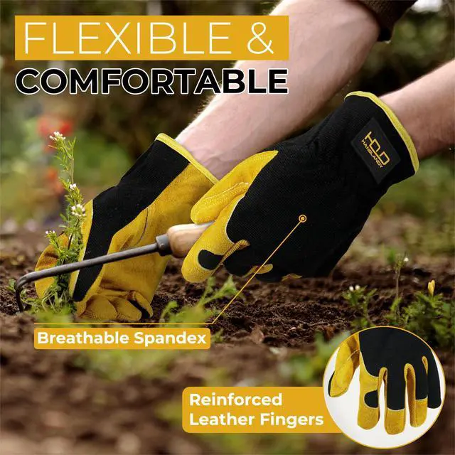 Alt view image 3 of 6 - Leather Gardening Gloves, Leather Work Gloves, Yellow, L | Durable Utility Men Women Garden Yard Working Glove, for Landscaping, Mechanic, Construction, Driving, Farming, Ranching