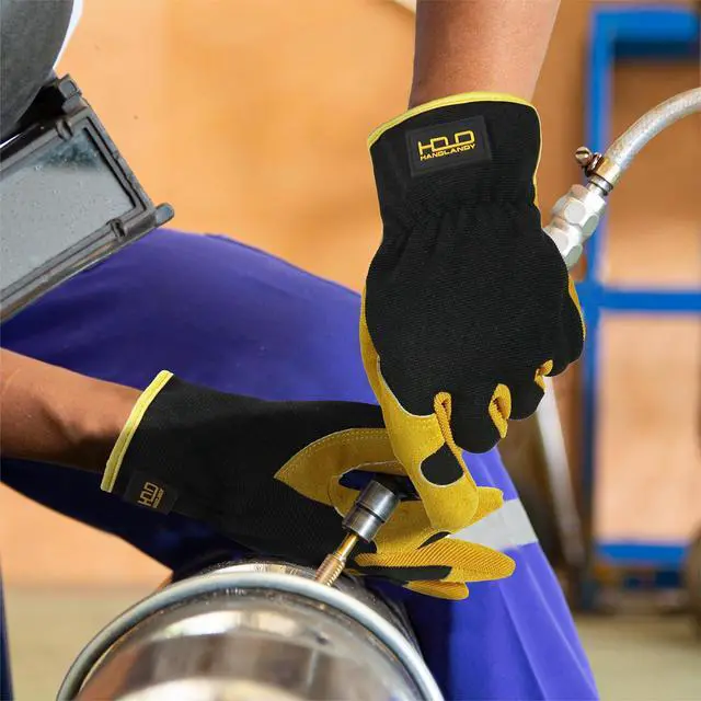 Alt view image 5 of 6 - Leather Gardening Gloves, Leather Work Gloves, Yellow, L | Durable Utility Men Women Garden Yard Working Glove, for Landscaping, Mechanic, Construction, Driving, Farming, Ranching