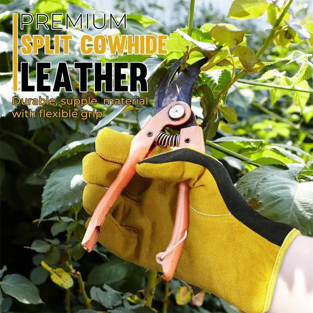 Alt view image 2 of 6 - Leather Gardening Gloves, Leather Work Gloves, Yellow, L | Durable Utility Men Women Garden Yard Working Glove, for Landscaping, Mechanic, Construction, Driving, Farming, Ranching